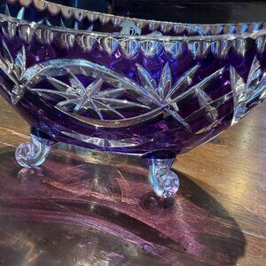 Antique Handcut Amethyst Crystal Footed Bowl MCM from Poland